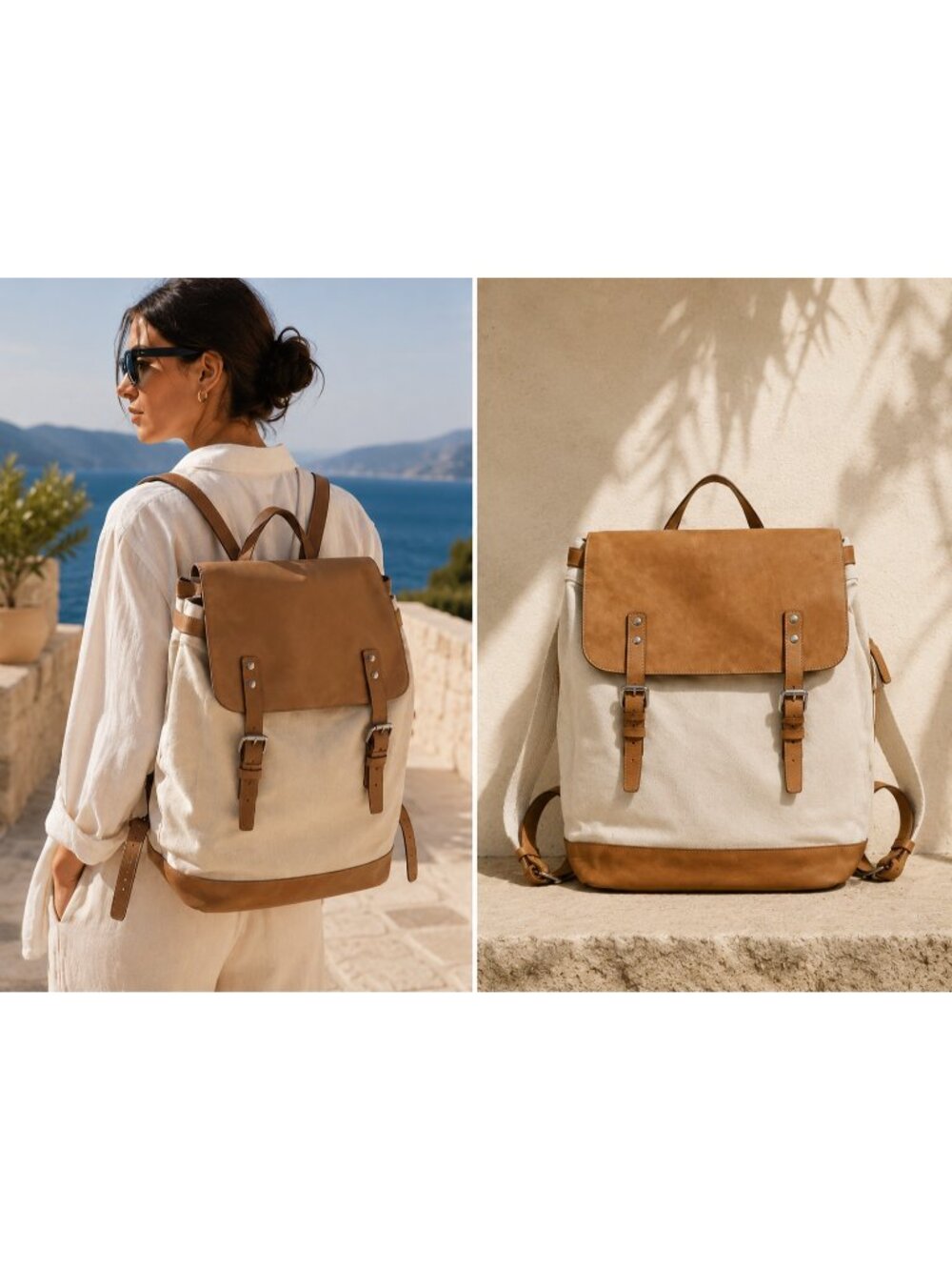 Sandqvist Canvas Leather Backpack Beige Tan Roll Top Laptop Travel Rucksack